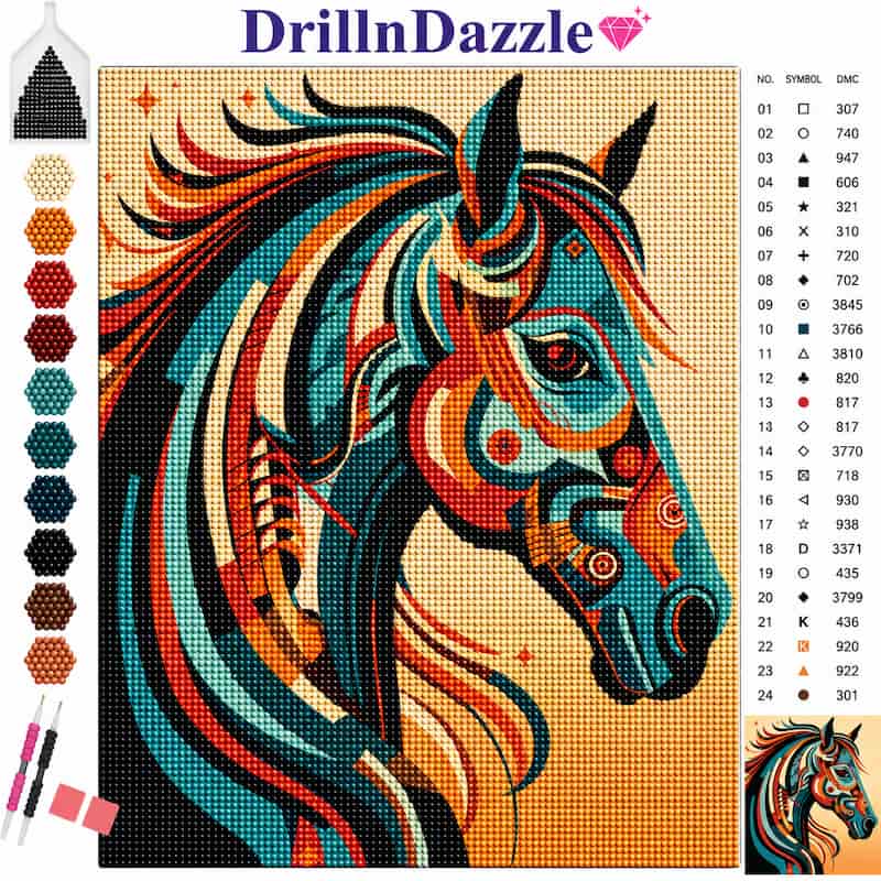 A colorful diamond painting canvas design of a stylized horse head, branded DrillnDazzle, with a color legend and paintbrushes shown on the left side.