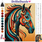 A colorful diamond painting canvas design of a stylized horse head, branded DrillnDazzle, with a color legend and paintbrushes shown on the left side.