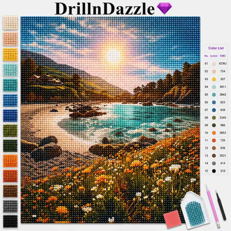 DrillInDazzle diamond painting kit showing a coastal landscape design with mountains, beach, ocean, and wildflowers. The image includes a color list on the right and a vertical row of color swatches on the left, with a paintbrush and small accessory pieces shown at the bottom right.