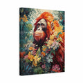 A square canvas wall art print featuring a stylized, colorful depiction of an orangutan surrounded by lush tropical flowers and foliage, shown at a three-quarter angle against a plain white background.