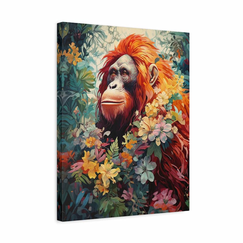 A square canvas wall art print featuring a stylized, colorful depiction of an orangutan surrounded by lush tropical flowers and foliage, shown at a three-quarter angle against a plain white background.