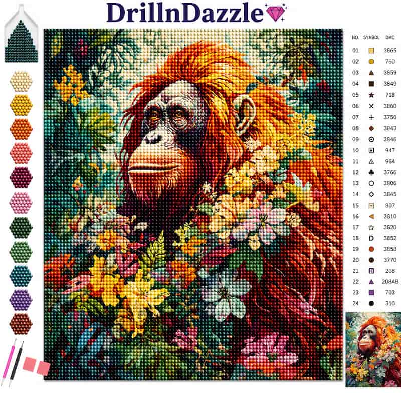 A colorful diamond painting style artwork featuring an orange monkey surrounded by flowers, with a color legend and a vertical row of available paint colors on the left. The brand name DrillInDazzle appears at the top.