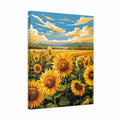 A square canvas wall art print depicting a sunflower field under a blue sky with white clouds, shown at a slight angle on a plain white background.