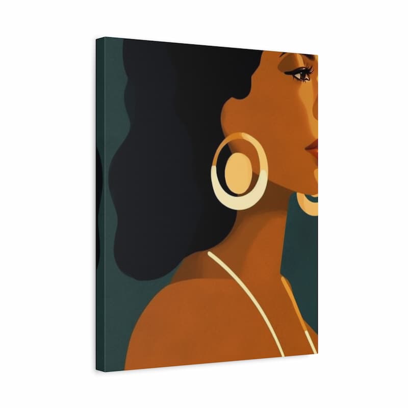A square canvas wall art print featuring a stylized side-profile portrait of a woman with dark hair, warm tan skin, large cream hoop earrings, and a dark teal background.