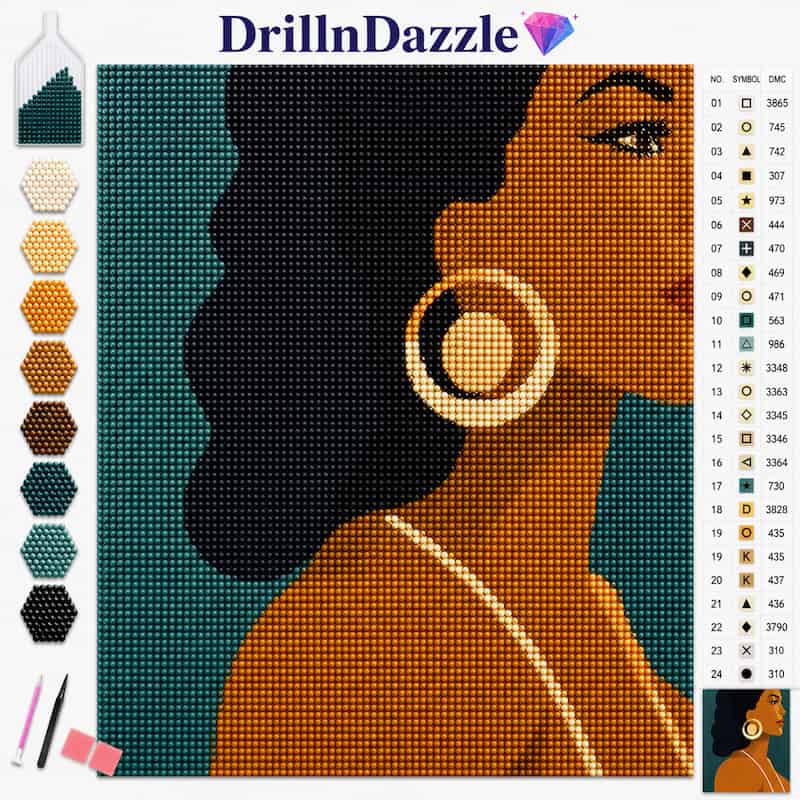 DrillInDazzle diamond painting kit pattern featuring a stylized portrait of a woman in profile, with a color chart, symbol guide, and paintbrushes on a white background.