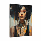 A square canvas wall art print featuring a stylized portrait of a woman with dark hair, gold-toned jewelry, and abstract paint drips in black, beige, orange, and gray on a white background.