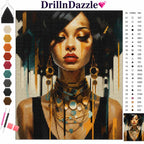 A diamond painting craft kit cover featuring a pixelated portrait of a woman with dark hair, gold jewelry, and warm skin tones. The image includes a color palette strip on the left, a numbered symbol reference chart on the right, and the brand name DrillnDazzle at the top.