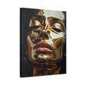 A square canvas wall art print featuring a stylized, glossy close-up portrait of a woman's face with closed eyes, rendered in metallic gold, bronze, black, and red tones against a dark background.
