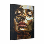 A square canvas wall art print featuring a stylized, glossy close-up portrait of a woman's face with closed eyes, rendered in metallic gold, bronze, black, and red tones against a dark background.