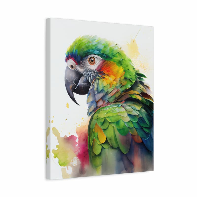 A vertical canvas wall art print featuring a colorful painted parrot in profile on a white background, shown at a slight angle against a light gray studio backdrop.
