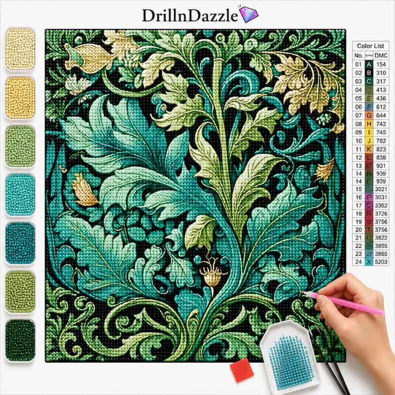 A diamond painting kit design featuring a detailed botanical pattern in shades of teal, green, and gold on a black background. The image includes a color list on the right, a vertical row of color swatches on the left, a DrillnDazzle logo at the top, and a hand holding a pink needle working on the canvas.
