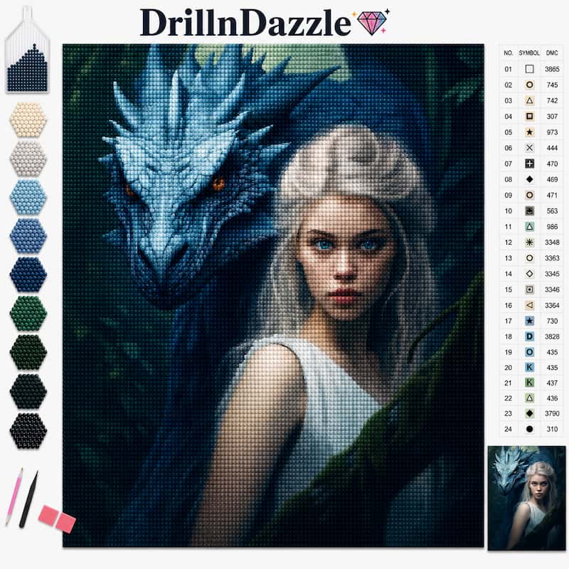 A diamond painting kit cover featuring a fantasy dragon and a pale woman, with the brand name DrillnDazzle at the top. The left side shows color swatches and small tools, and the right side includes a small finished-craft preview and a numbered color legend.