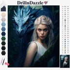 A diamond painting kit cover featuring a fantasy dragon and a pale woman, with the brand name DrillnDazzle at the top. The left side shows color swatches and small tools, and the right side includes a small finished-craft preview and a numbered color legend.
