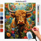 A colorful diamond painting kit preview featuring a highland cow surrounded by flowers, with a color chart, paint palette, and a hand holding a pink needle on the right. The brand name DrillInDazzle is visible at the top.