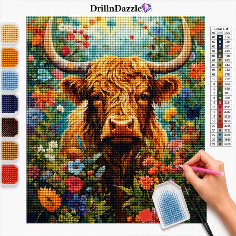 A colorful diamond painting kit preview featuring a highland cow surrounded by flowers, with a color chart, paint palette, and a hand holding a pink needle on the right. The brand name DrillInDazzle is visible at the top.