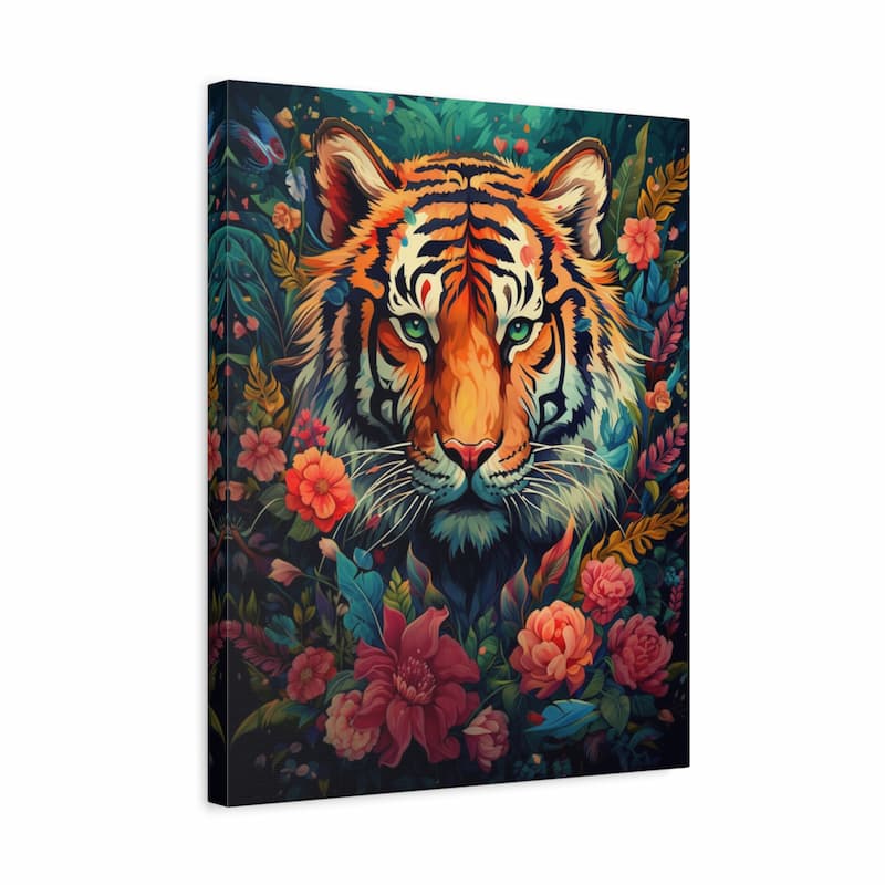 A square canvas wall art print featuring a vivid, colorful tiger surrounded by lush tropical flowers and foliage, shown at a slight angle against a plain white background.