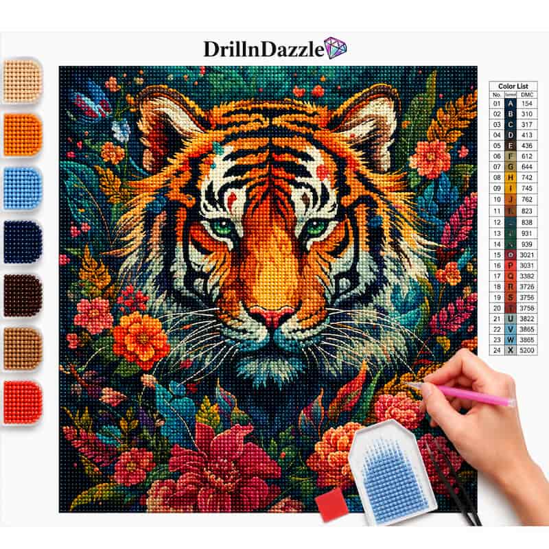 A diamond painting kit showing a completed tiger and floral artwork, with a hand holding a paint brush on the right, a color chart on the right side, and color swatches on the left. The brand name DrillnDazzle is visible at the top.
