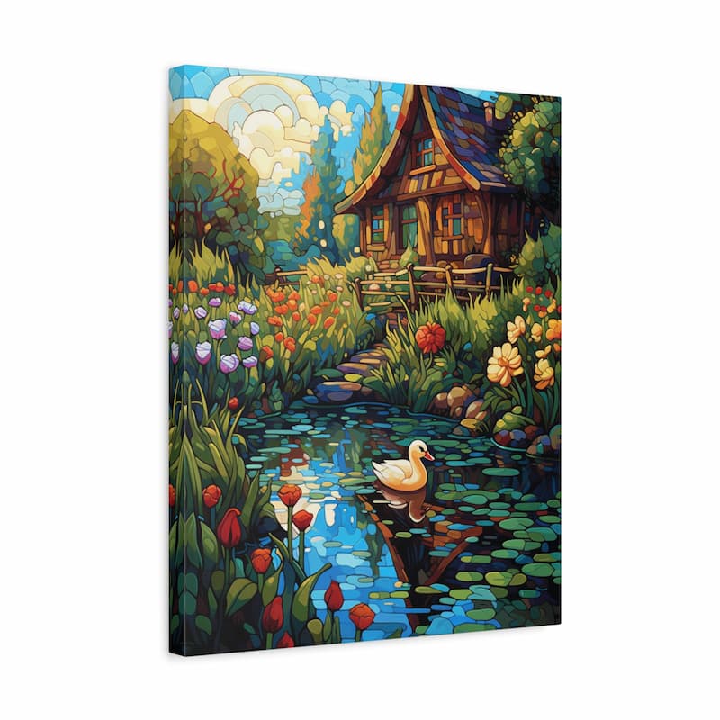A square canvas wall art print depicting a whimsical painted landscape with a wooden cottage, colorful flowers, green trees, and a duck on a pond, shown at a slight angle against a white background.