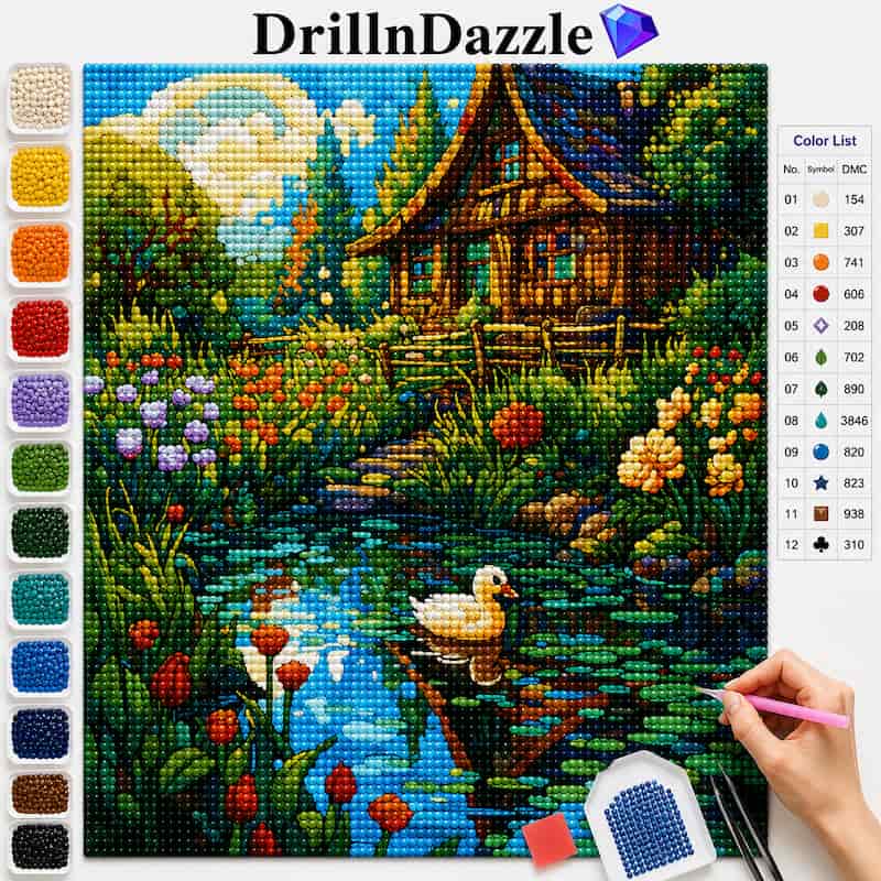 A colorful diamond painting kit design featuring a picturesque cottage by a pond with a duck, surrounded by flowers and trees. The image includes a color list chart on the right and a vertical row of color swatches on the left.