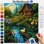 A colorful diamond painting kit design featuring a picturesque cottage by a pond with a duck, surrounded by flowers and trees. The image includes a color list chart on the right and a vertical row of color swatches on the left.