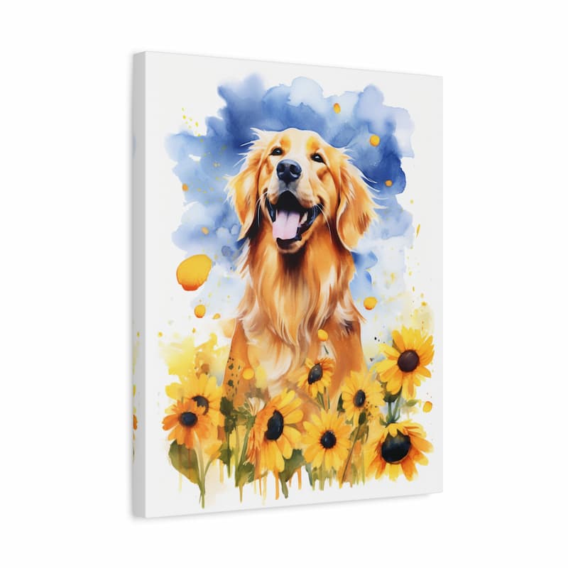 A vertical canvas wall art print featuring a painted golden retriever dog surrounded by yellow sunflowers, with blue watercolor splashes in the background, shown on a white studio backdrop.