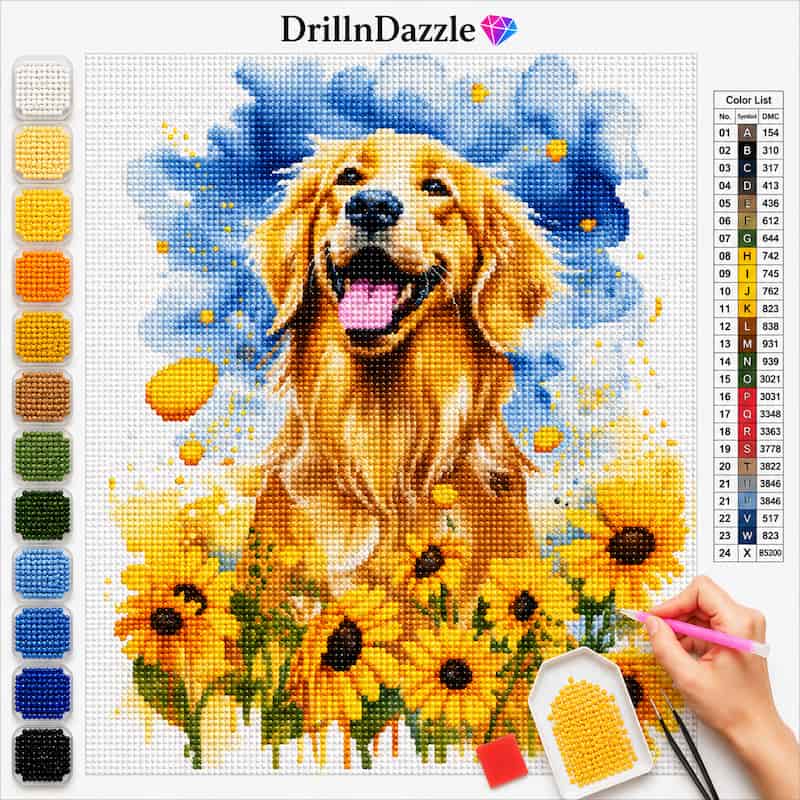 A diamond painting kit design featuring a golden retriever dog surrounded by sunflowers, with a color list on the right and a row of color beads on the left. A human hand is shown holding a paint applicator at the bottom right.