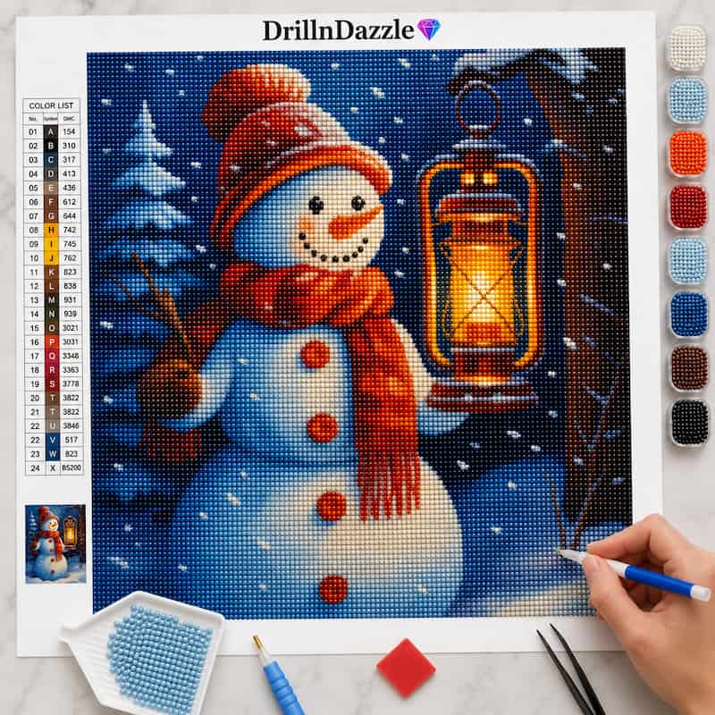 A diamond painting kit sheet featuring a winter snowman holding a glowing lantern, shown with a color list, paint pots, tools, and a hand holding a paint pen on a light marble surface.