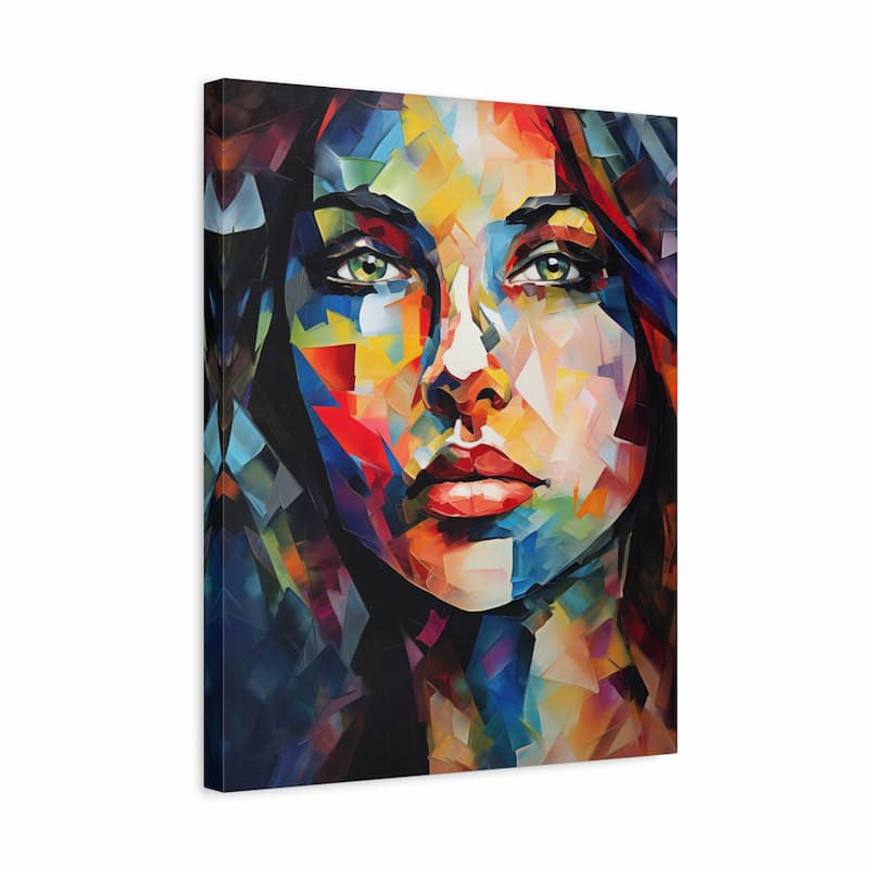 A square canvas wall art print featuring a colorful geometric portrait of a woman's face, shown at a slight angle against a plain white background.