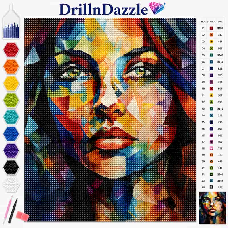 DrillnDazzle cross-stitch pattern featuring a colorful pixelated portrait of a woman's face, shown with a color palette on the left, a symbol reference chart on the right, and a small finished example image in the bottom right corner.