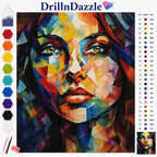 DrillnDazzle cross-stitch pattern featuring a colorful pixelated portrait of a woman's face, shown with a color palette on the left, a symbol reference chart on the right, and a small finished example image in the bottom right corner.