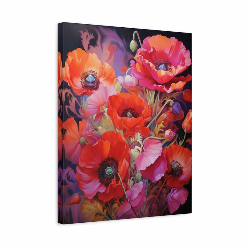 A square canvas wall art print featuring a vivid floral design with large poppy-like flowers in red, orange, pink, and purple tones against a dark background, shown at a slight angle on a white studio background.