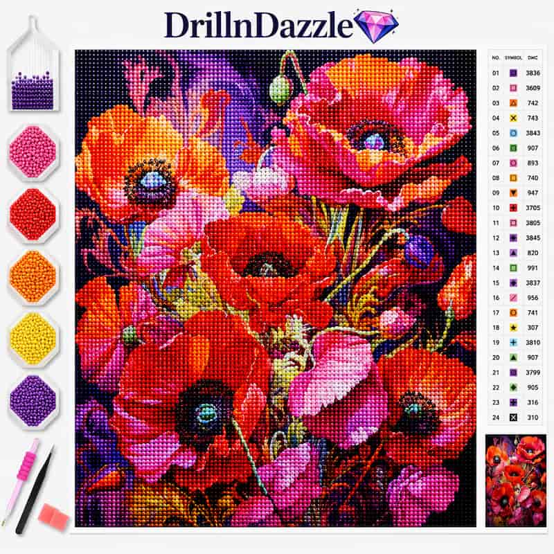DrillnDazzle diamond painting kit featuring a vibrant poppy floral design, shown with its color palette, tools, and a color reference chart on a white background.