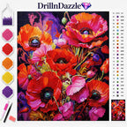 DrillnDazzle diamond painting kit featuring a vibrant poppy floral design, shown with its color palette, tools, and a color reference chart on a white background.