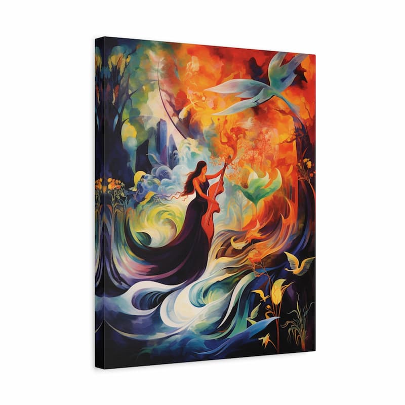 A vertical canvas wall art print featuring a colorful, abstract fantasy scene with a woman in a flowing dark dress, swirling blue and white waves, and fiery orange, red, and yellow light. The canvas is shown at a slight angle against a plain white background.