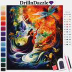 DrillnDazzle diamond painting kit featuring a colorful mermaid artwork, with a color list on the right and color swatches on the left, shown with tools on a white background.