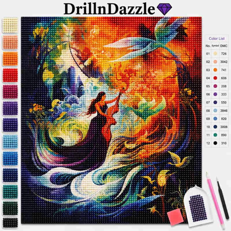 DrillnDazzle diamond painting kit featuring a colorful mermaid artwork, with a color list on the right and color swatches on the left, shown with tools on a white background.