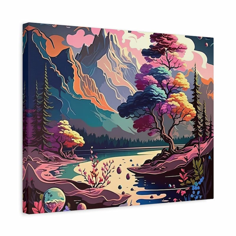 A square canvas wall art print featuring a colorful stylized landscape with mountains, trees, a river, and abstract clouds in pink, purple, blue, teal, orange, and cream tones, shown at a slight angle against a white background.