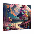 A square canvas wall art print featuring a colorful stylized landscape with mountains, trees, a river, and abstract clouds in pink, purple, blue, teal, orange, and cream tones, shown at a slight angle against a white background.