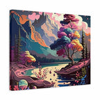 A square canvas wall art print featuring a colorful stylized landscape with mountains, trees, a river, and abstract clouds in pink, purple, blue, teal, orange, and cream tones, shown at a slight angle against a white background.