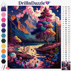 A colorful diamond painting or cross-stitch style landscape design by DrillInDazzle, showing a fantasy mountain and river scene with trees, clouds, and a color-coded swatch chart on the left and a material list on the right.