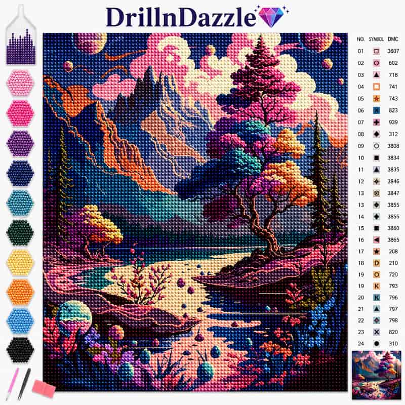 A colorful diamond painting or cross-stitch style landscape design by DrillInDazzle, showing a fantasy mountain and river scene with trees, clouds, and a color-coded swatch chart on the left and a material list on the right.