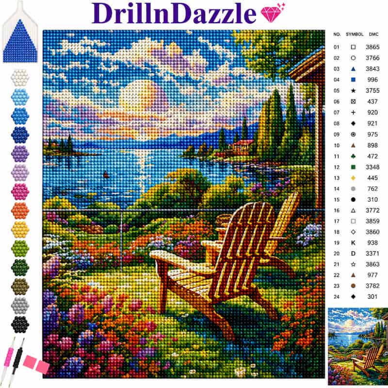 A colorful diamond painting kit cover showing a scenic lake and garden scene with an Adirondack chair, plus a color chart and symbol legend on the left and right. The brand name DrillnDazzle is visible at the top.
