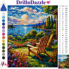 A colorful diamond painting kit cover showing a scenic lake and garden scene with an Adirondack chair, plus a color chart and symbol legend on the left and right. The brand name DrillnDazzle is visible at the top.