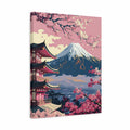 A rectangular canvas wall art print featuring a stylized Japanese landscape with a snow-capped mountain, cherry blossoms, and a pagoda under a pink sky, shown at a slight angle on a white background.