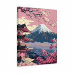 A rectangular canvas wall art print featuring a stylized Japanese landscape with a snow-capped mountain, cherry blossoms, and a pagoda under a pink sky, shown at a slight angle on a white background.