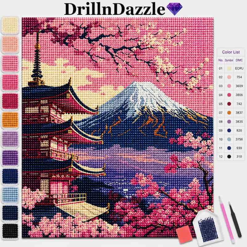 DrillnDazzle cross-stitch kit featuring a Japanese mountain and pagoda design with pink cherry blossoms, shown with a color list, swatches, and tools on a white background.