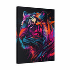 A square canvas wall art print featuring a stylized tiger portrait rendered in vivid neon colors against a black background, shown at a slight angle on a plain white backdrop.