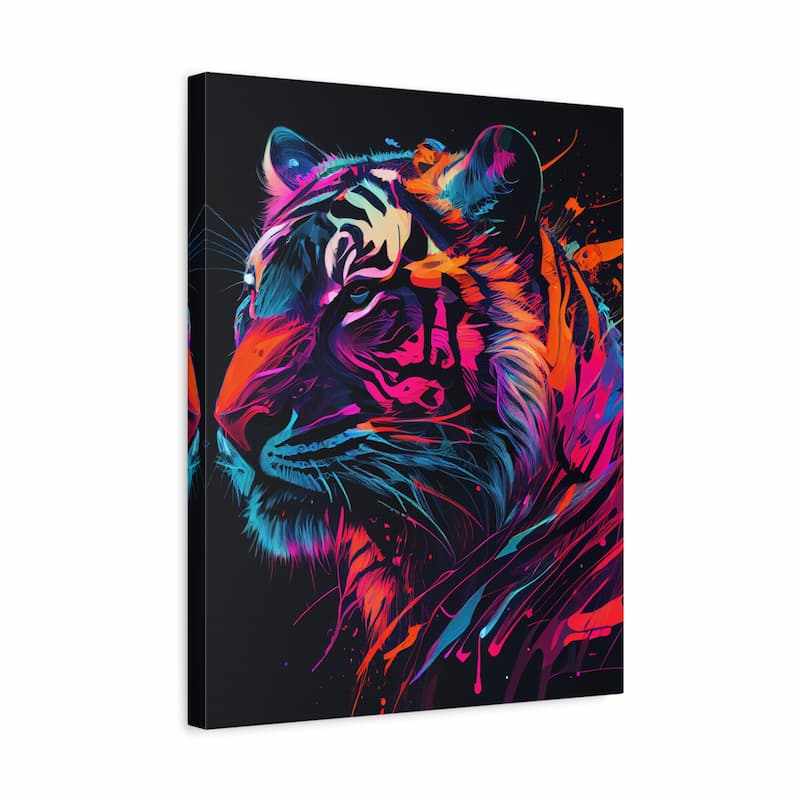 A square canvas wall art print featuring a stylized tiger portrait rendered in vivid neon colors against a black background, shown at a slight angle on a plain white backdrop.