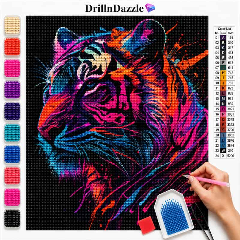 A colorful diamond painting or bead art kit showing a partially completed neon tiger portrait on a black canvas, with a color chart, paint palette, and a hand holding a pink paintbrush applying beads. The brand name DrillnDazzle appears at the top.