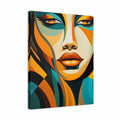 A square canvas wall art print featuring a stylized, geometric portrait of a woman's face in bold orange, teal, cream, black, and brown tones, shown at a slight angle against a plain white background.
